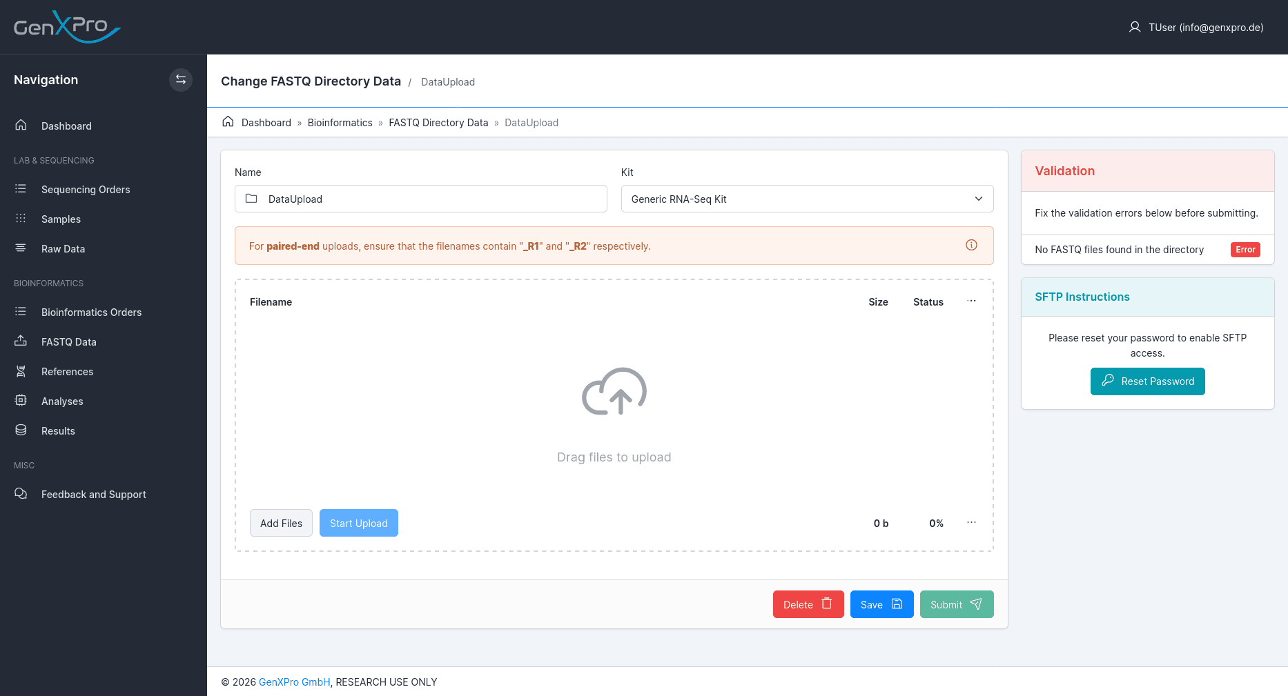 FASTQ file upload interface with drag-and-drop support