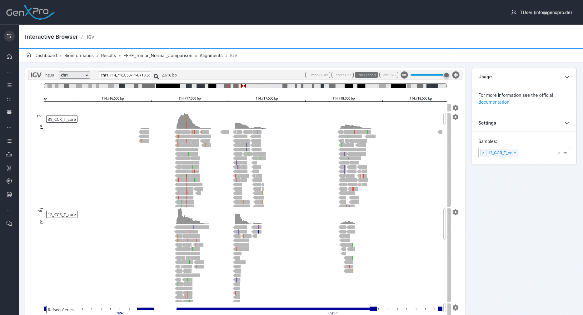 Interactive genome viewer showing aligned sequencing reads