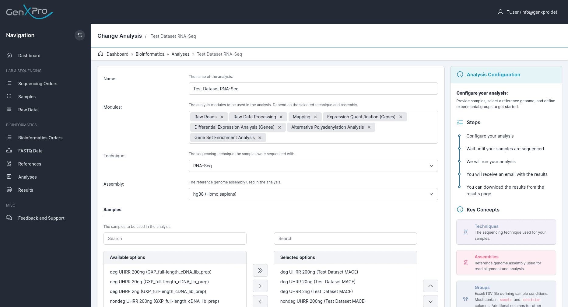 Analysis configuration panel for selecting modules, genome, and comparisons
